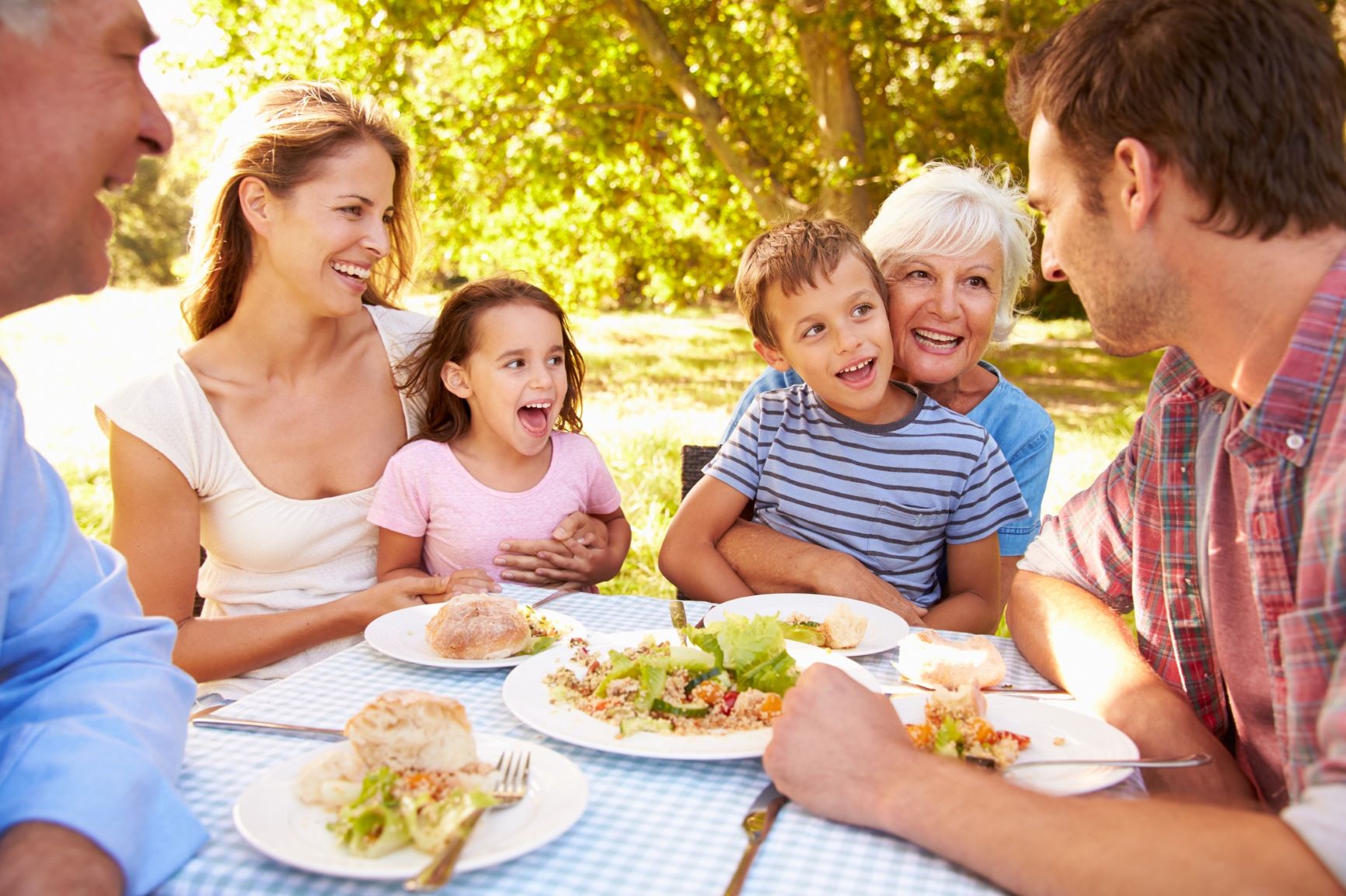 family smiling around a picnic table