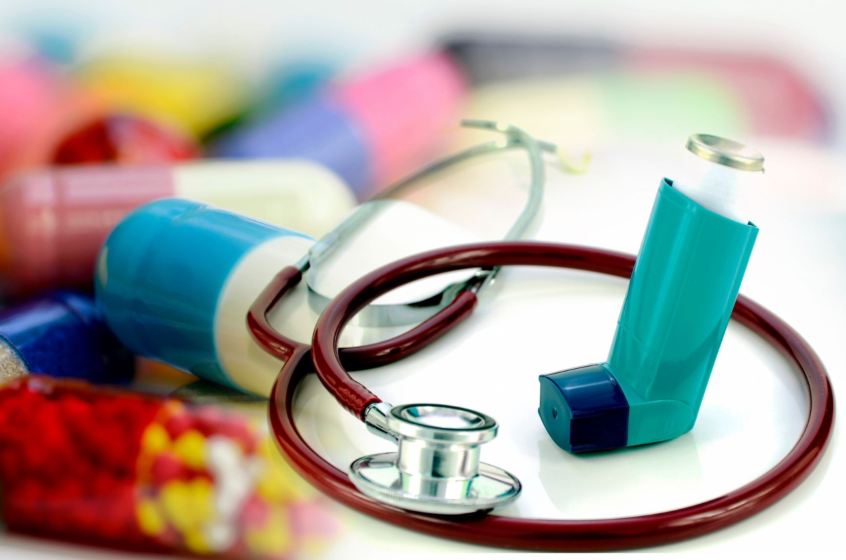 Inhaler, stethoscope and medication