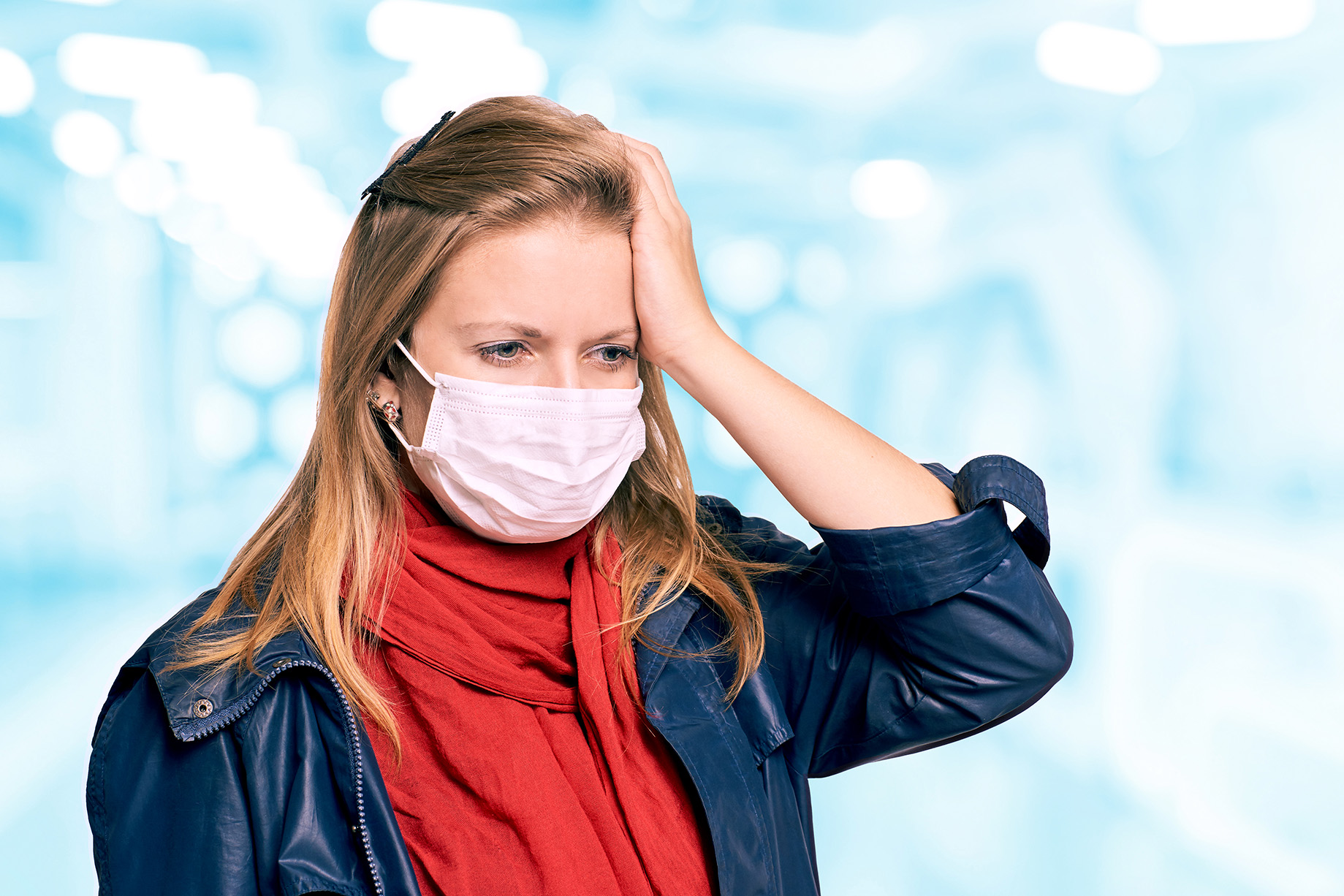 Girl in mask on face. Woman portrait. Protection equipment. Epidemic flu sick. Healthcare quarantine illness.