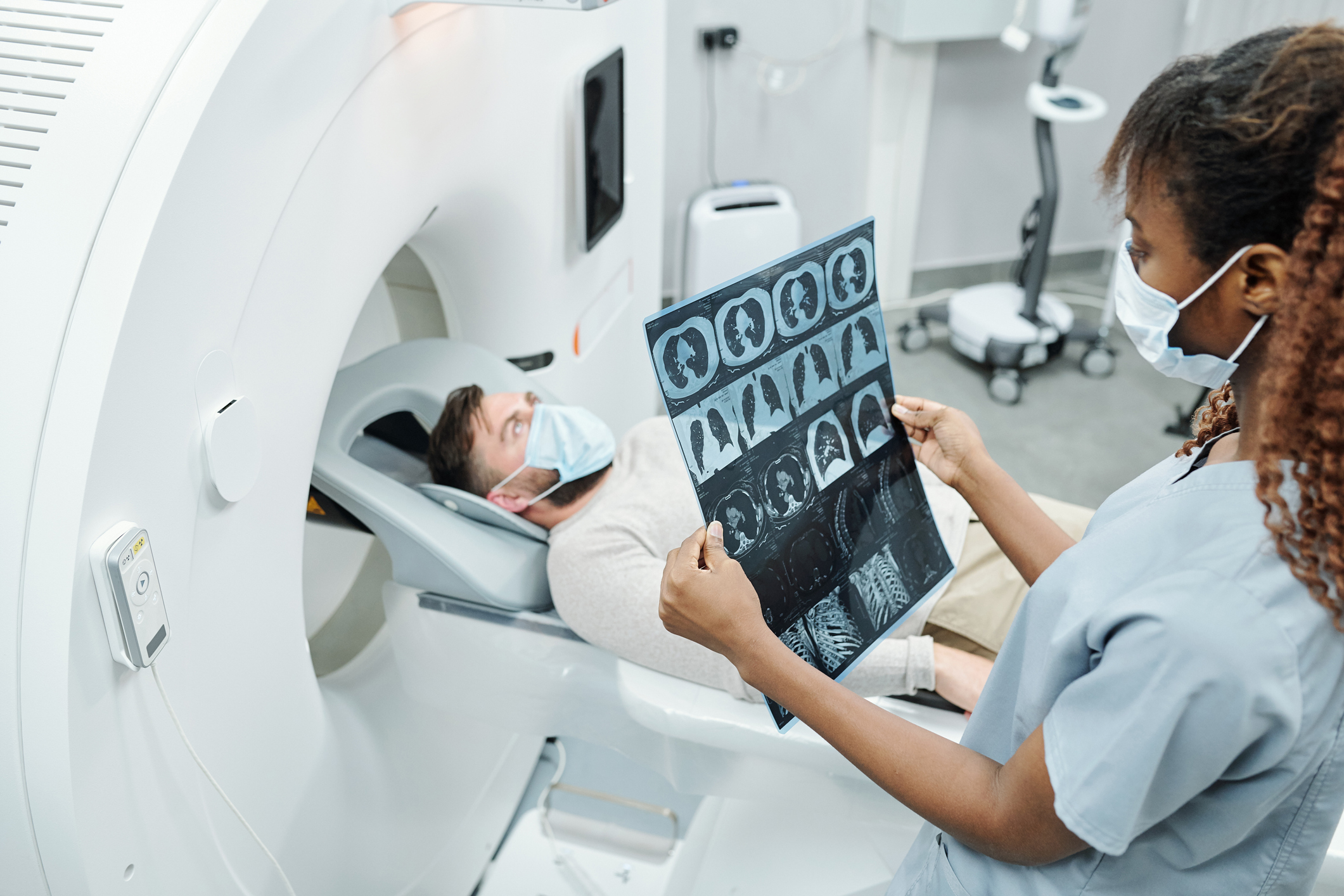 young radiologist in uniform and mask