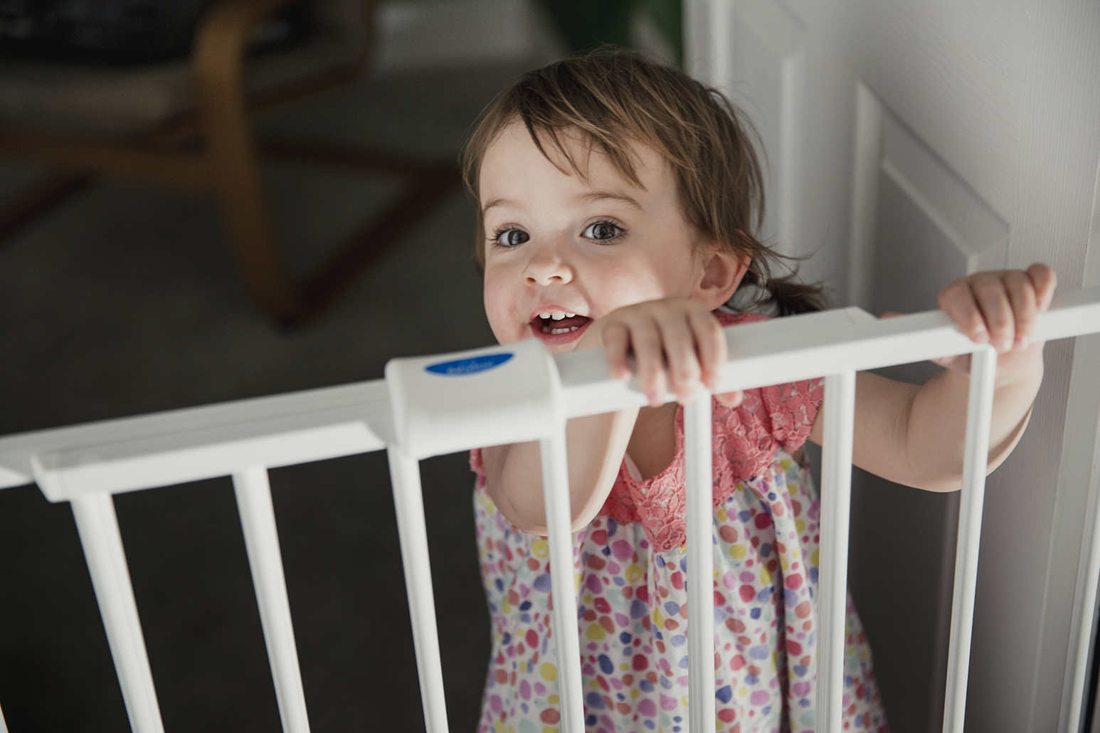 child looking over a baby gate