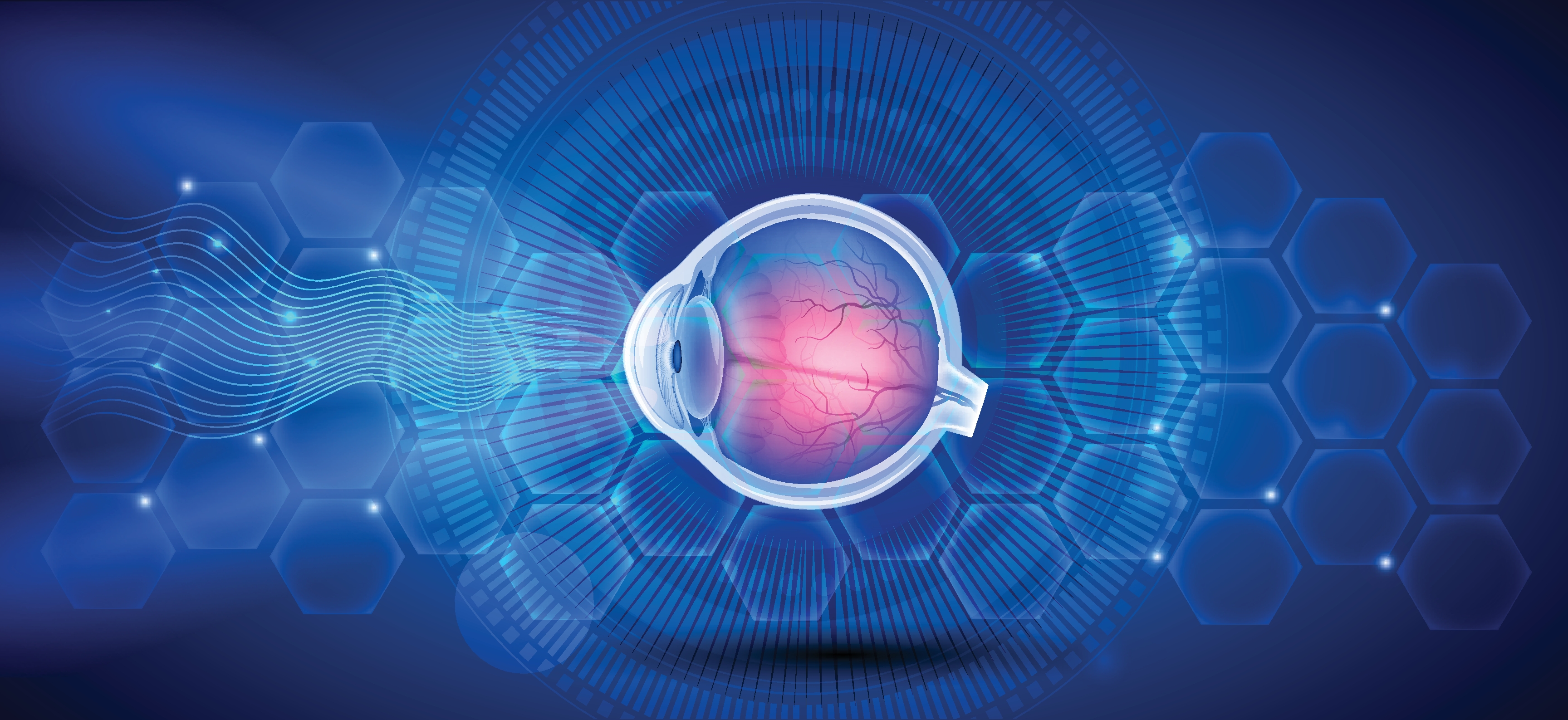 Structure of the human eye. Polygonal design of lines and dots. Blue background.