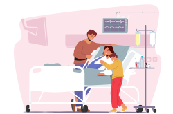 Father and Son Visiting Sick Mother with Arm Fracture. Female Patient Character Apply Treatment in Traumatology Hospital Department. Loving Family Relations. Cartoon People Vector Illustration