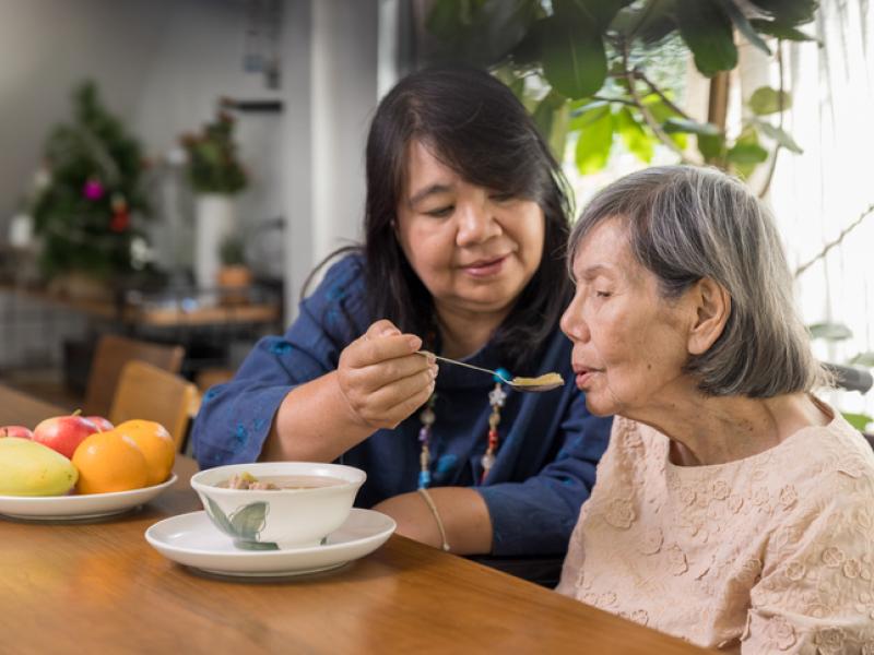 Daughter feeding elderly mother with soup