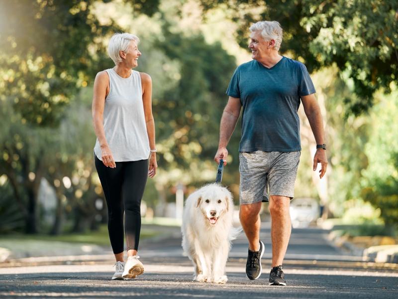 Old man and senior woman taking outdoor morning walk together with their Puppy.