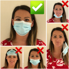 woman wearing a mask incorrectly four ways and the correct way